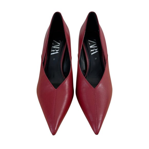 * NWT * ZARA Red Leather Pointed Toe Heels | Size 37 (6.5 US) - Picture 2 of 2